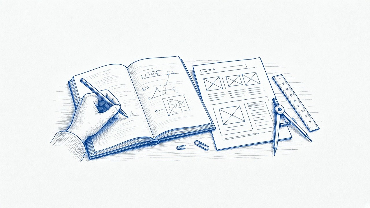 Mesa de trabajo con un brief de rediseño web, un wireframe y herramientas de medición.
