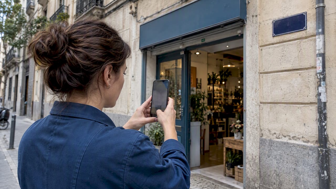 Comerciante grabando la fachada de su negocio