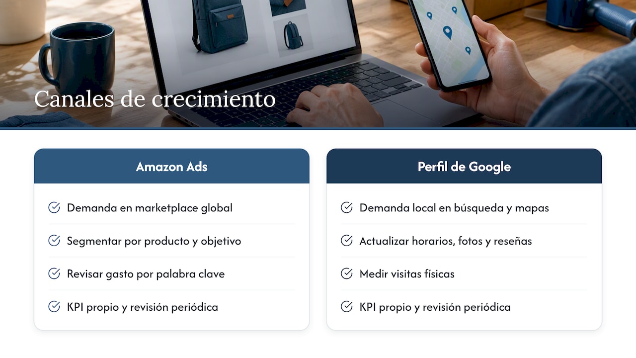 Gestión avanzada de campañas en Amazon Ads y Google Business Profile para crecimiento local y global — overview diagram